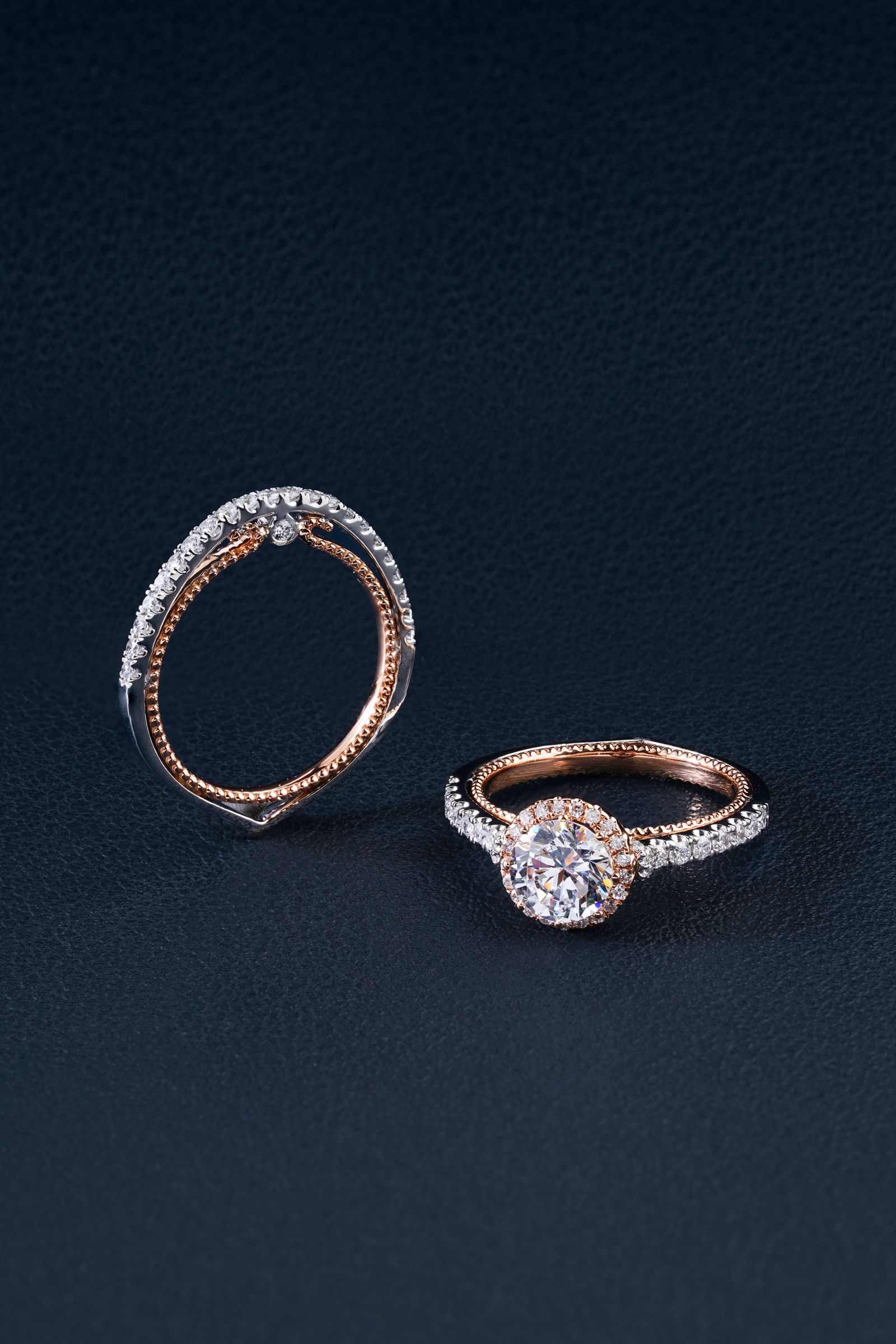 photorealistic render of a rose gold ring set compared against photography